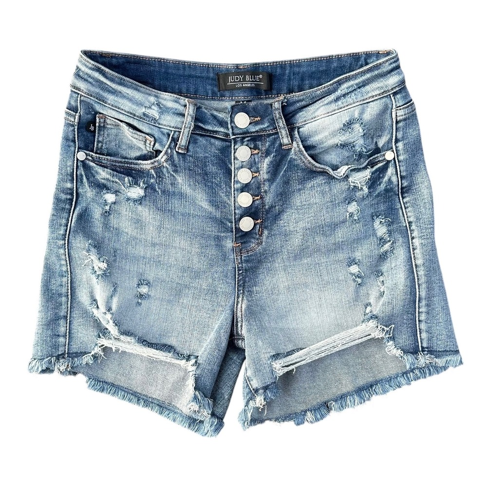 Judy Blue Distressed High Waist Button Fly Denim Shorts Light Wash Size Medium
